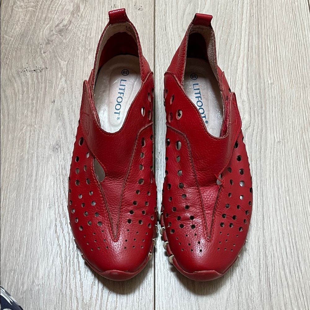 LITFOOT Red Perforated Leather Women's Sandals